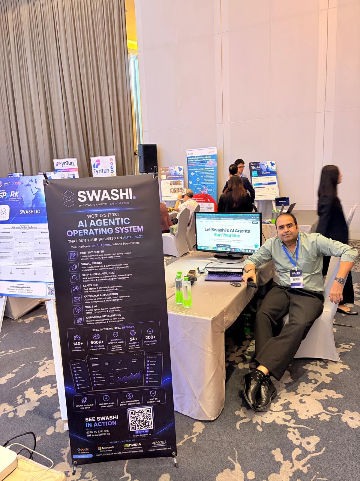 Waqar Abro exhibiting Swashi, the AI Agentic Operating System, at a startup showcase