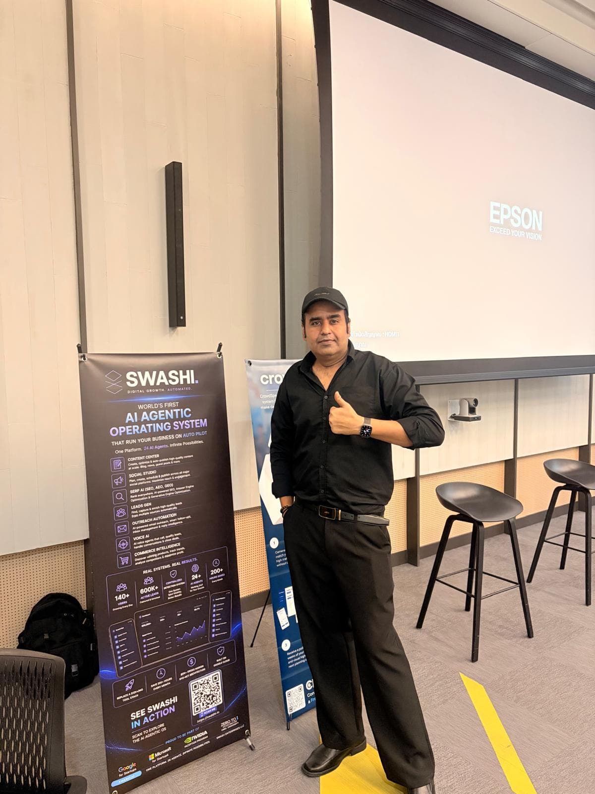 Waqar Abro presenting Swashi, the AI Agentic Operating System, at a startup event